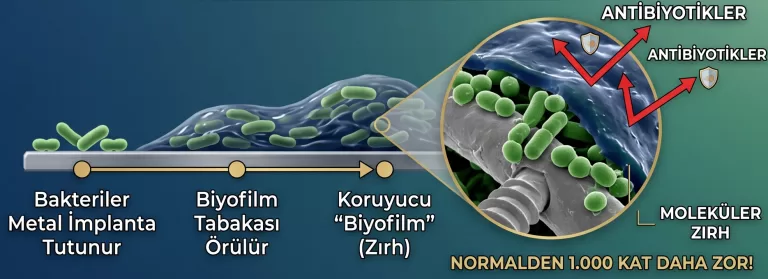 Spinal Cerrahi Sonrası Omurga Enfeksiyonu 2 Omurga cerrahisinde implant yüzeyinde biyofilm tabakası oluşum şeması