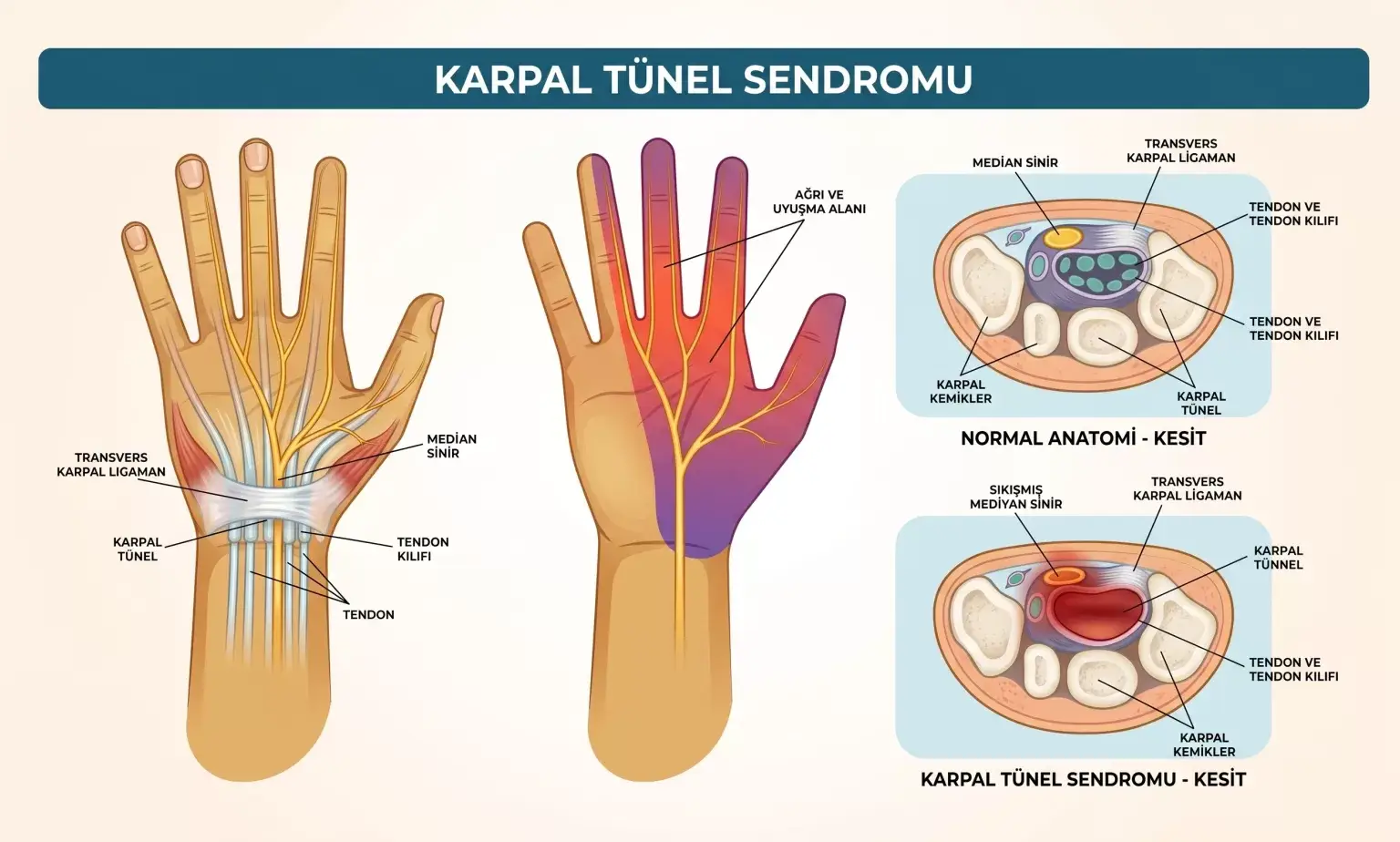 Karpal Tünel Sendromu Nedir ve Sinir Sıkışması Nasıl Oluşur? 2 karpal tunel sendromu bilekte sinir sikismasi median sinir