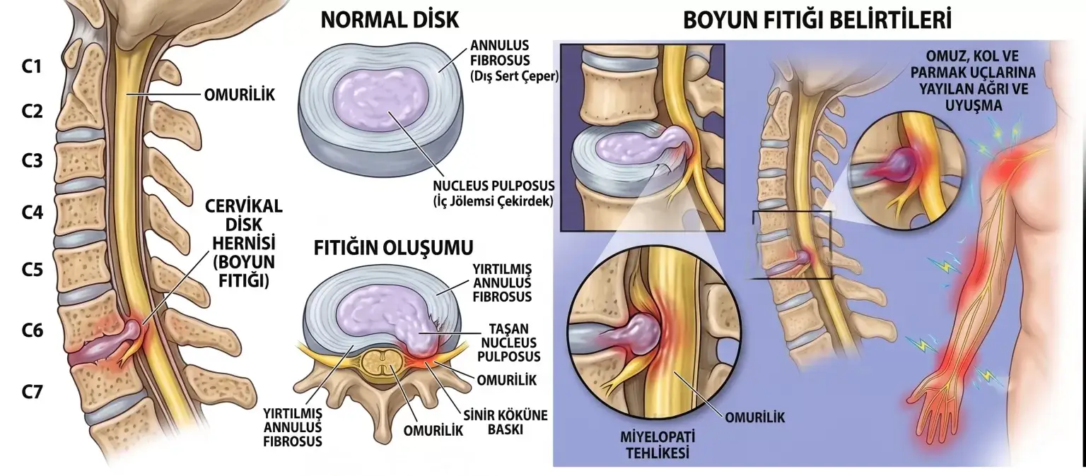 Boyun Fıtığı (Servikal Disk Hernisi) Cerrahisi: Kapsamlı Tanı, Mikrocerrahi ve Modern Tedavi Rehberi 2 servikal disk hernisi boyun fitigi sinir basisi